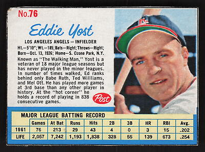 #ad Eddie Yost 1962 Post Cereal #76 Los Angeles Angels VG CR Handcut {1225 $3.49