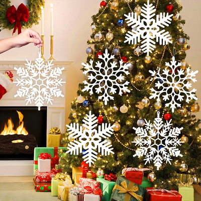 #ad 6Pcs White Snowflakes Decorations 12” Big Plastic Glitter Snowflake for Winter $41.43