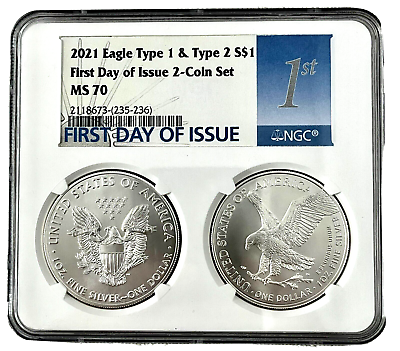 #ad 2021 $1 Type 1 and Type 2 Silver Eagle Set NGC MS70 FDI First Label $219.95