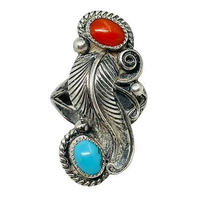#ad Henry Harvey Vintage Sterling Silver Turquoise Coral 2 Stone Southwest Ring Sz 6 $199.97