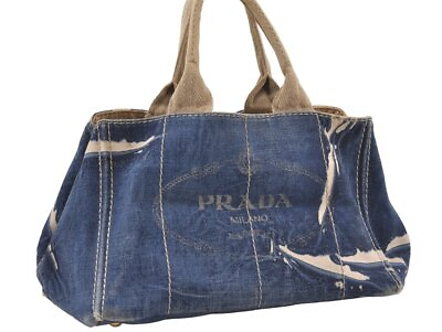 #ad Authentic PRADA Vintage Canapa M Denim Tote Hand Bag Blue 0981J $390.00
