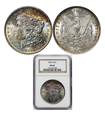 #ad 1885 O Morgan Silver Dollar NGC MS65 Cobalt Sunkissed Tone Great Luster Fields $387.17