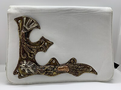 #ad VTG Exart Leather Clutch Purse Bag Cream Mixed Metal Copper Brass Sculpture HTF $112.43