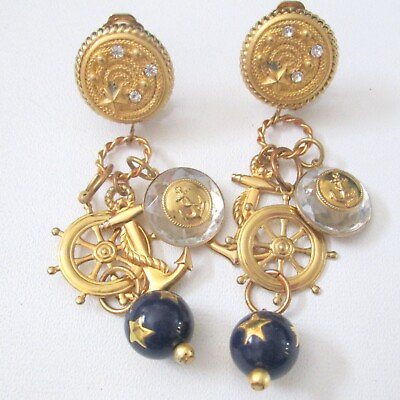 #ad Nautical Clip Earrings Vintage 80s Style Goldtone Dangles Runway Statement $25.98