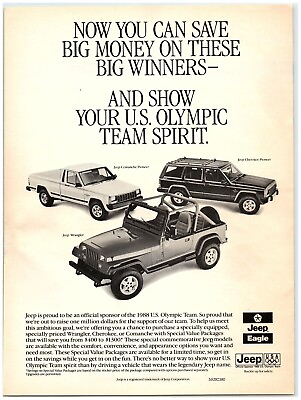 #ad 1988 Jeep Print Ad Wrangler Comanche Pioneer Cherokee Pioneer US Olympic Spirit $11.50