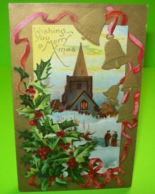 #ad Vintage Christmas Postcard Antique Embossed Church Holly Bells Original AMP Co $16.00