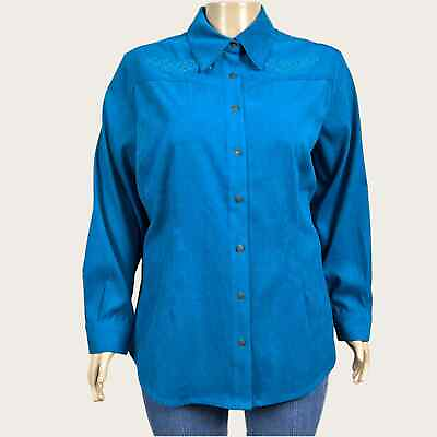 #ad Coldwater Creek 2X PLUS Floral Embroidered Button Up Blouse Shirt Blue Peachskin $28.00
