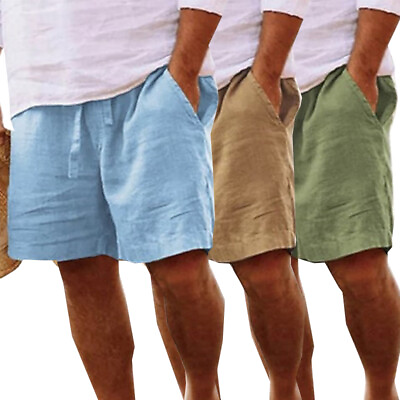 #ad Mens Cotton Linen Shorts Summer Beach Hawaiian Drawstring Waist Short Pants Tops $12.92