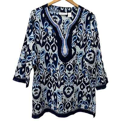 #ad Tantrums Women#x27;s Size XXL Tunic Top Blue Cotton Ikat Embroidery Long Sleeve Boho $16.20