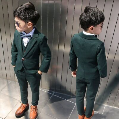 #ad Boys Dark Green Formal Party Suit Children Blazer Vest Pants Tie 4 PCS $88.83