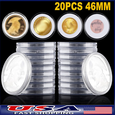 #ad 20 Pcs 46mm Clear Coin Storage Box Round Plastic Case Capsules Container Holder $7.99