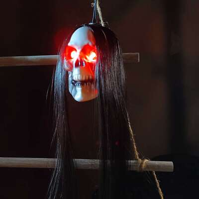 #ad Halloween Red Eye Skull Long Hair Hanging Haunted House Escape Room Scene Prop $10.99