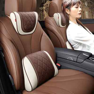 #ad Car Leather Headrest Rest Pillow Back Cushion Neck Waist Supports Lumbar Pillows $99.90