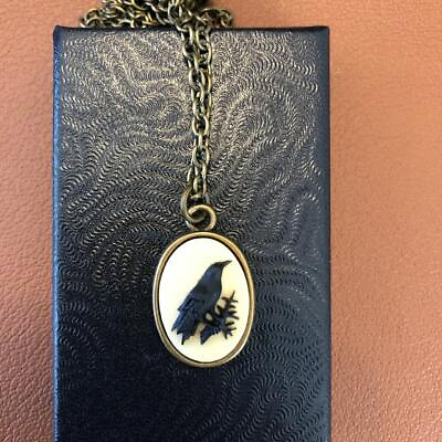 #ad Antique Pendant Raven Crow Enamel Engraved Victorian Necklace Vintage $33.01