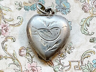 #ad Vintage Sterling Heart Charm with Etched BIRD Design $24.00
