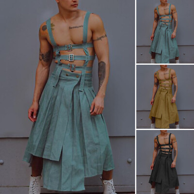 #ad Fashion Mens Strappy Long Skirts Pants Casual Loose Skirt Maxi Dress Overalls $24.46