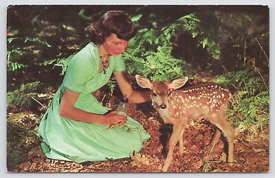 #ad Animal Woman Bottle Feeding Fawn In Autumn Vintage Postcard $3.50