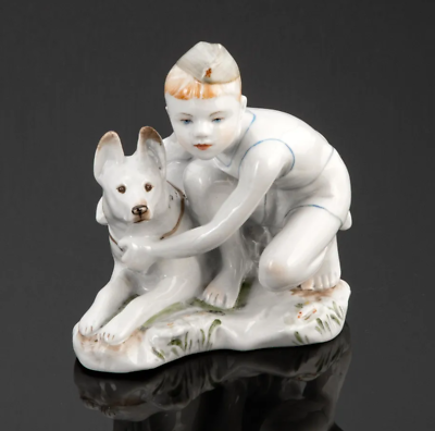 #ad Statue Porcelain Vintage Marked Decor Old Child Dog Masterpiece Excellent 1975 $250.00