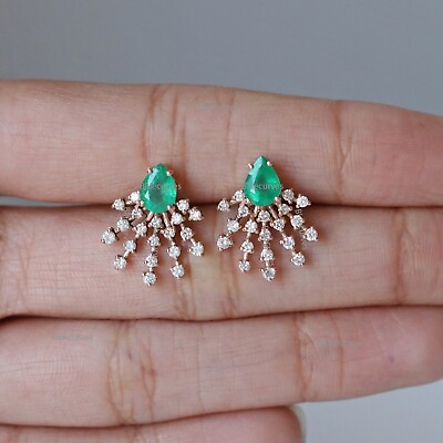 #ad Genuine Pear Shape Emerald amp; Natural Diamond Spike Studs Earrings 14k Solid Gold $2600.00