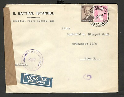 #ad TURKEY TO AUSTRIA CENSORSHIP OFFICIAL AIRMAIL LETTER 1949. $12.95