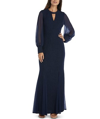 #ad NW Nightway Sheer Long Sleeve Keyhole Navy Blue Dress Long Gown Size 4 NWT $35.00