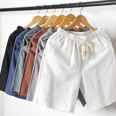 #ad Men Cotton Linen Shorts Elastic Waist Drawstring Summer Loose Casual Pants Beach $11.99