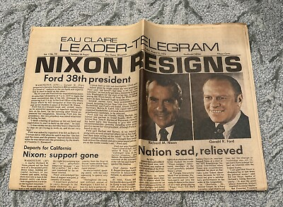 #ad VINTAGE NEWSPAPER HEADLINE PRESIDENT NIXON RESIGNS 1974 $9.99