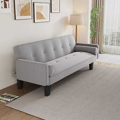 #ad Modern 72quot; living room convertible Light grey cotton linen sofa bed w 2 pillows $279.62
