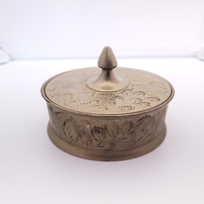 #ad Vintage Brass Round Trinket Or Powder Box Etched Canister Bowl India Pike Lid $12.99