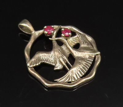 #ad 925 Sterling Silver Vintage Carved Double Flying Birds Ruby Pendant PT21100 $33.34