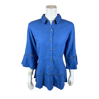 #ad Isaac Mizrahi Bridgehampton Linen Tunic with Lace Trim Coastal Blue Large Size $25.00