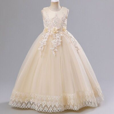 #ad Girls Flower Sequins Sleeveless Dress Children Embroidered Bow Tulle Long Dress $49.13