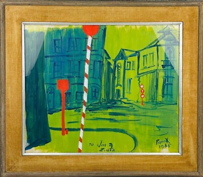 #ad Vintage Michael Nicholas Barrett Painting Modernist Steet Scene $325.00