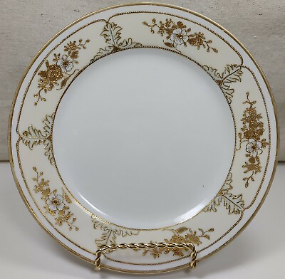 #ad Nippon Ceramics White Round Shape Floral Gold Rim Hand Painted Salad Plate Three $11.99