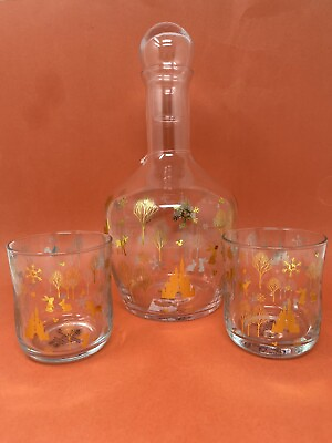 #ad Disney Fantasyland Castle Clear Glass Carafe w Stopper amp; 2 Glasses 12 oz Mickey $75.00