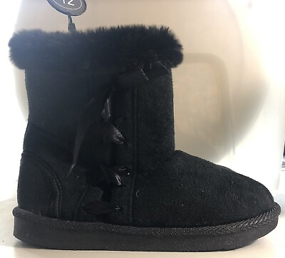 #ad NEW Ashley Blue Girls Size 12 Black Faux Fur Winter Autumn Boots Zip Suede feel $12.99