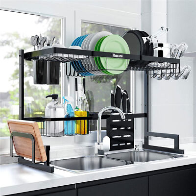 #ad 2 Tiers Adjustable Large Capacity Dish Drying Rack Over The Sink Space Saving US $55.93