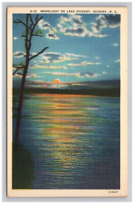 #ad Postcard Linen NC Lake Hickory Sunset Over Water Tree Nature View North Carolina $7.95