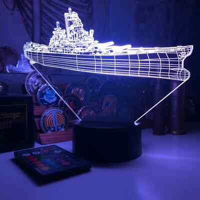 #ad LED Night Light Desk Lamp 3D Kids Home Decor Art Hologram Battleship USS Iowa $44.99