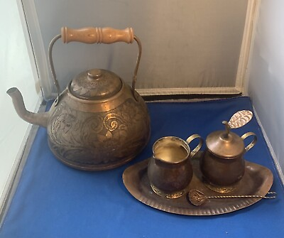 #ad vintage cooper brass tea set pot sugar bowl creamer and tray $70.00