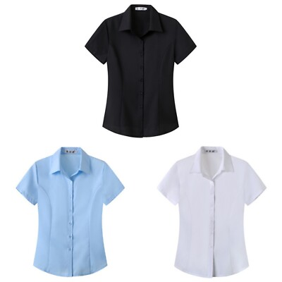 #ad Women Button Down Shirt Short Sleeve Office Blouse Solid Color Shirt Summer $11.99