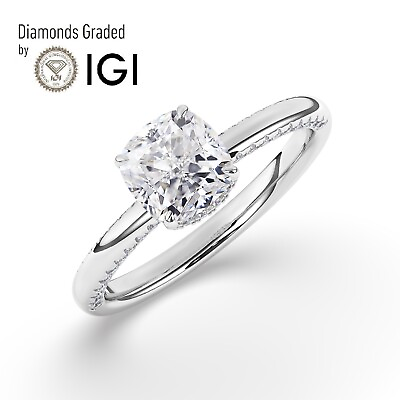 #ad Cushion Solitaire Hidden Halo 18K White Gold Engagement Ring3 ct Lab grown IGI $3205.30
