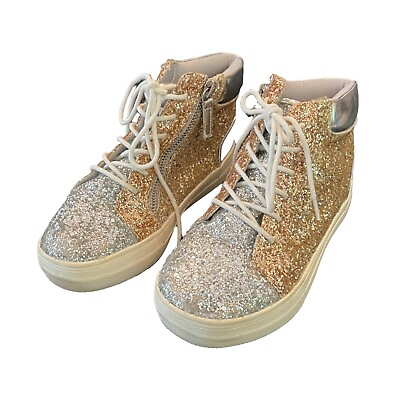 #ad Youth Girls Kids Metallic Silver Gold Glitter Zipper Lace Up Sneakers Size 1 M $19.78