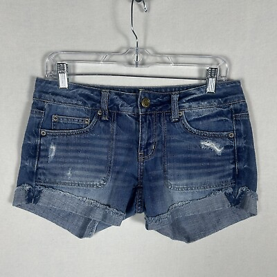 #ad American Eagle Jean Shorts Womens Size 4 Denim Cut Off Fold Over Blue Distressed $13.98