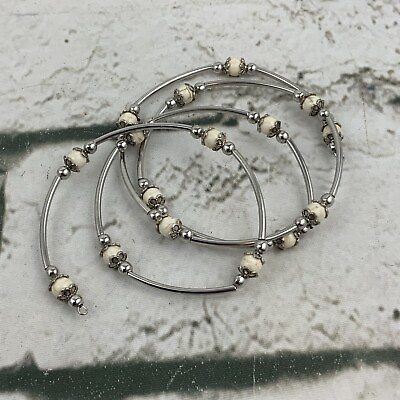 #ad Silver Toned Wrap Bracelet W White Bead Accents Womens Fashion Jewelry $4.99