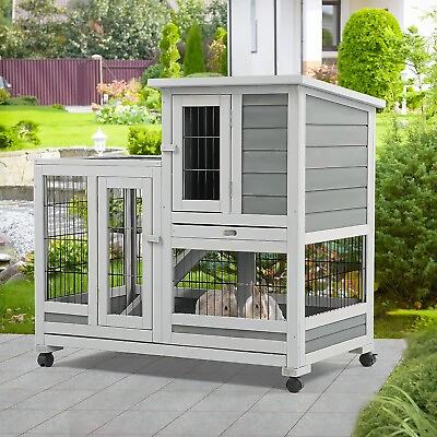 #ad 37 inches Rabbit Hutch Guinea Pig House with Run Rabbit Cage for Small Animals $149.99