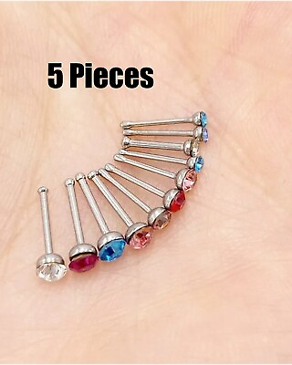 #ad 5 Piece Lot Surgical Steel Pin Shaped Silver Nose Ring Studs You Choose Gem Sz $3.01