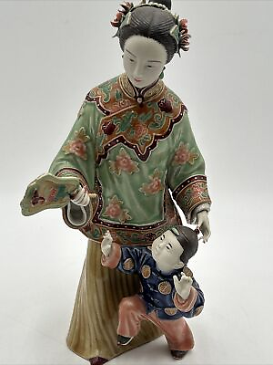 #ad VTG 12” Chinese Wucai Porcelain Pottery Shi Wan Woman And Son Figurine $150.00