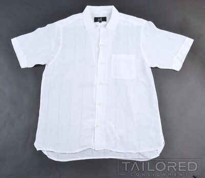 #ad DUNHILL Solid White 100% LINEN Mens Casual Short Sleeve Dress Shirt LARGE $55.00