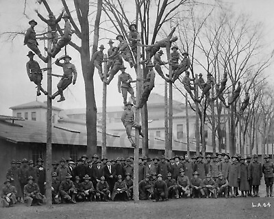 #ad American Soldiers Photograph Telephone Pole Climbing Course Photo WWI 1918 8x10 $7.99